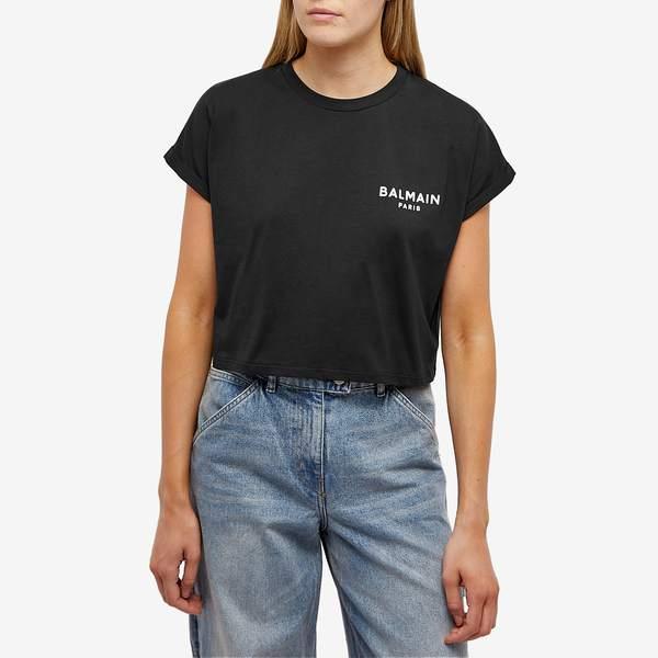 バルマン レディース Tシャツ トップス Balmain Flock Logo Crop T-Shirt｜revida2｜02