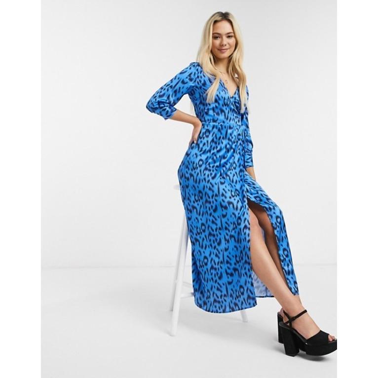 人気ブランド リクオリッシュ レディース ワンピース トップス Liquorish Wrap Maxi Dress In Blue Leopard Print 送料無料 Www Doctor Plan Com