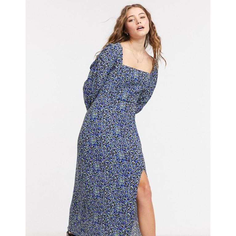 楽天市場 ベルシュカ レディース ワンピース トップス Bershka Square Neck Midi Floral Dress In Blue 激安ブランド Jeannesauve Org