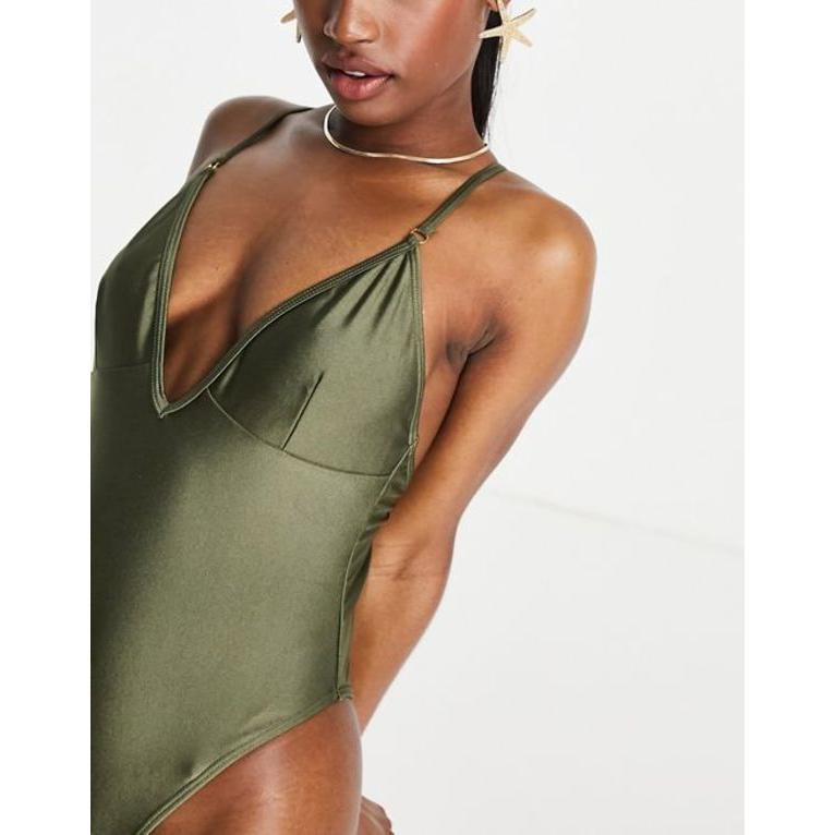 超大特価 パブリックデザイア レディース 上下セット 水着 Public Desire high leg plunge swimsuit with  cross back detail in olive green simbcity.net