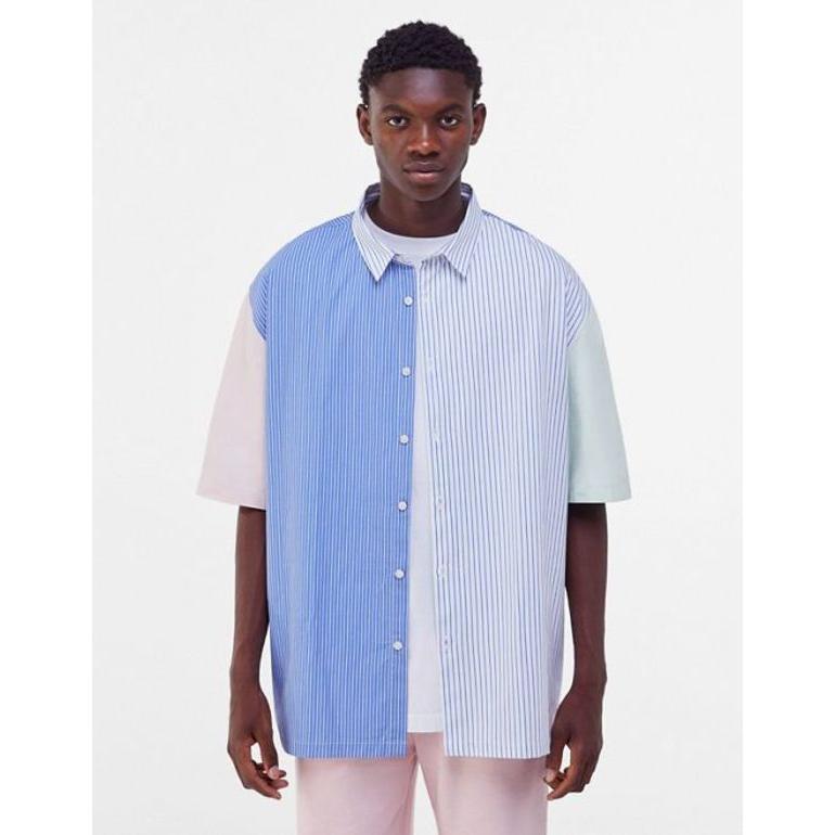 ベルシュカ メンズ シャツ トップス Bershka Oversized Shirt With Cut And Sew Stripe In Blue 01 042 Blu リビーダ Yahoo ショップ 通販 Yahoo ショッピング