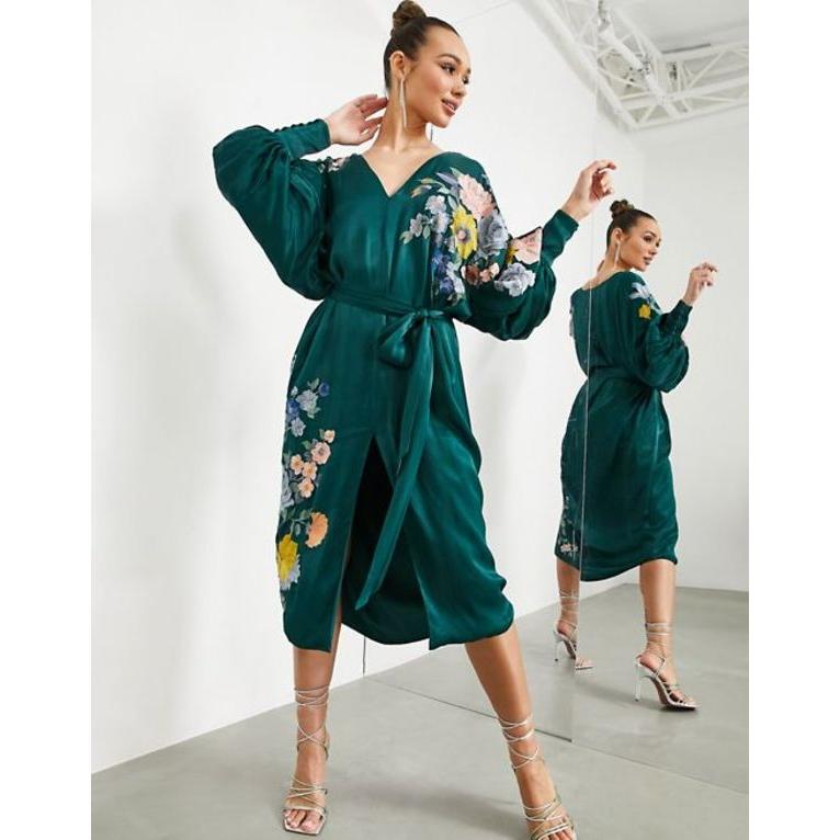 海外 安い 国 エイソス レディース ワンピース トップス Asos Edition Satin Belted Midi Dress With Floral Embroidery In Forest Green 買取 安い Www Superavila Com