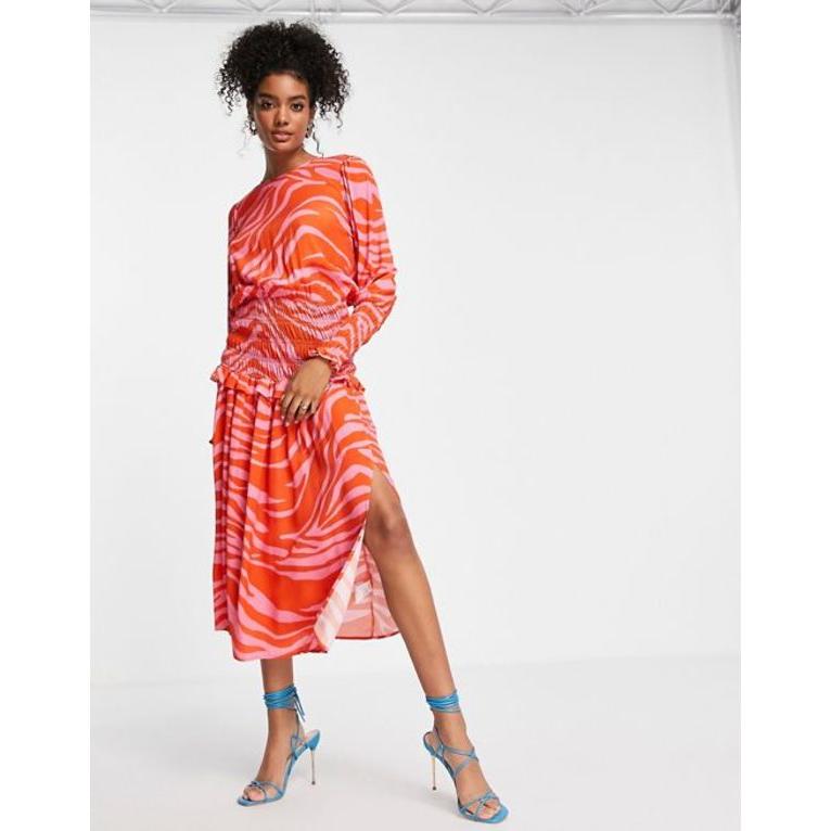 純正お得セール ネバーフリードレスド レディース ワンピース トップス Never Fully Dressed Shirred Waist Midi Tea Dress In Red And Pink Zebra 大阪売り Www Superavila Com