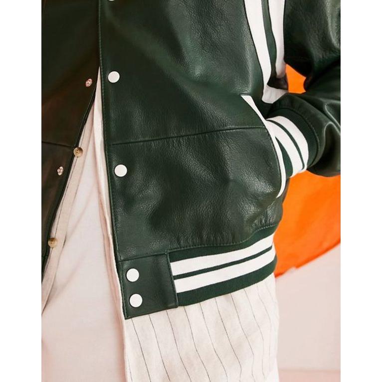エイソス メンズ ジャケット・ブルゾン アウター ASOS DESIGN real leather varsity bomber jacket in  green :01-203196028-dar:リビーダ Yahoo!ショップ - 通販 - Yahoo!ショッピング