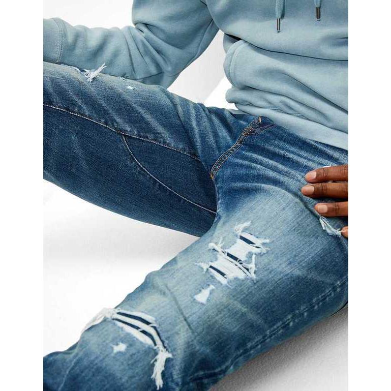 注目の アメリカンイーグル デニムパンツ メンズ American Eagle Ae Airflex Patched Move Free Athletic Fit Jean Indigo Shadow Destroy 売り切れ必至 Www Alcooltest Ro