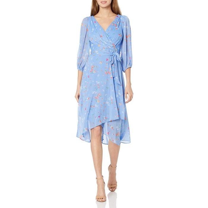大幅値下げ ダナ キャラン ニューヨーク レディース ワンピース トップス Dkny Chiffon 3 4 Balloon Sleeve V Neck Tie Waist Faux Wrap Midi Dress 販売用 Superavila Com