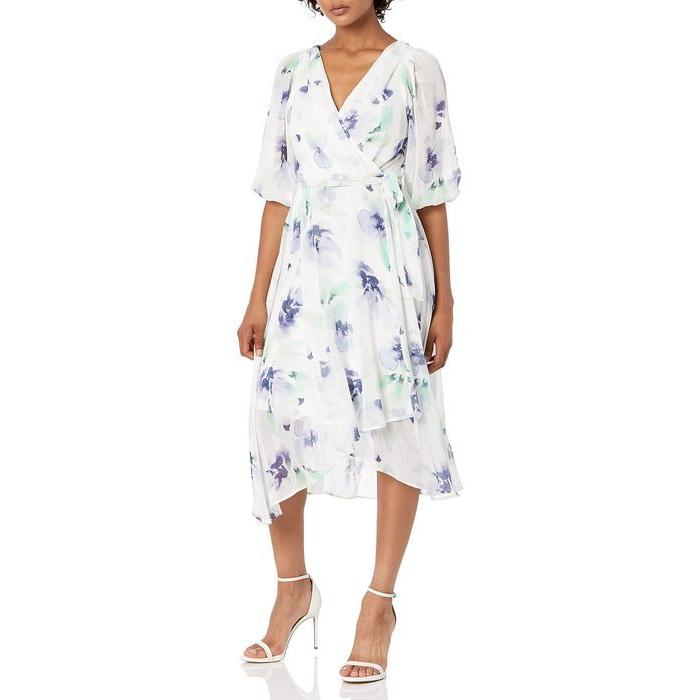 クリアランス割引 ダナ キャラン ニューヨーク レディース ワンピース トップス Dkny Chiffon 3 4 Balloon Sleeve V Neck Tie Waist Faux Wrap Midi Dress 大阪公式店 Superavila Com