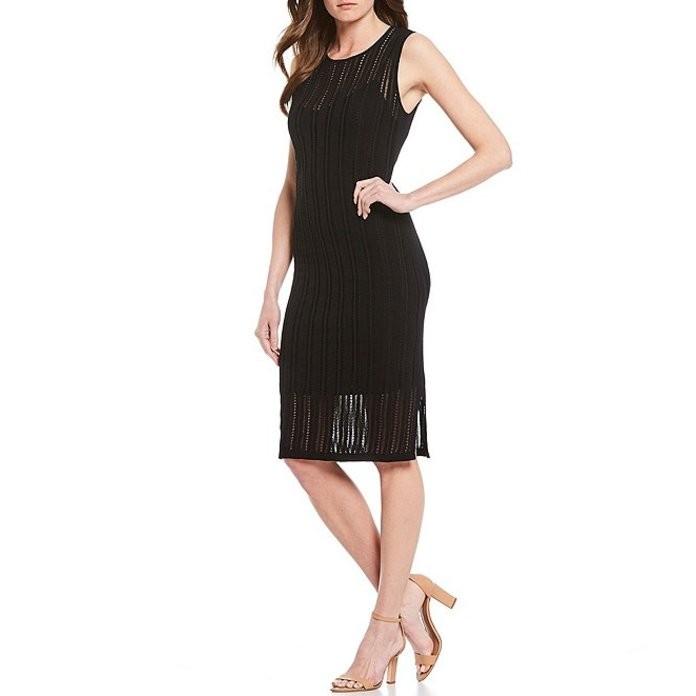 ダナキャラン レディース ワンピース トップス New York Pointelle Black Knit Jersey Cotton Blend Sleeveless Sheath Dress Sagaretxe Net