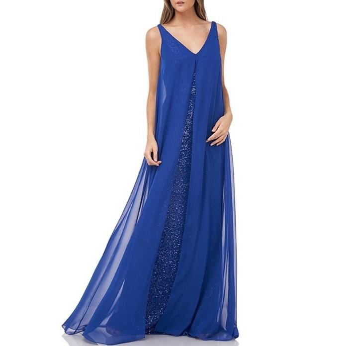 カルメンマークヴァルヴォ レディース ワンピース トップス Chiffon Overlay Sequined V Neck Sleeveless Column Gown Familyyachtsbrokers Com