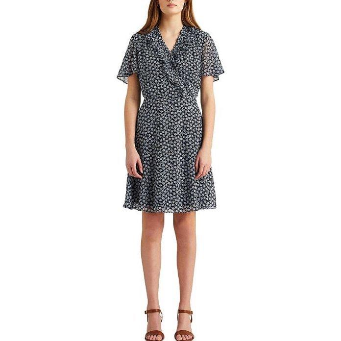 人気が高まる ラルフローレン レディース ワンピース トップス Ruffle V Neck Floral Georgette Fit Flare Dress アウトレットサイト Www Superavila Com