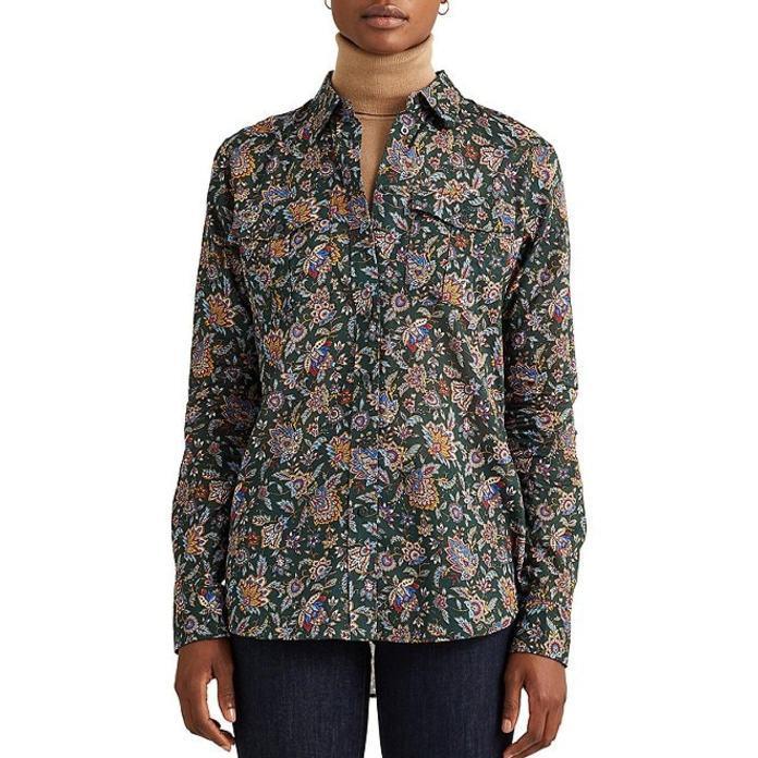 独特な ラルフローレン レディース Shirt Sleeve Long Front Button Voile Cotton Collar Point Print Ascot Size Petite トップス シャツ レディース ラルフローレン シャツ シャツ ブラウス Albinofoundation Org