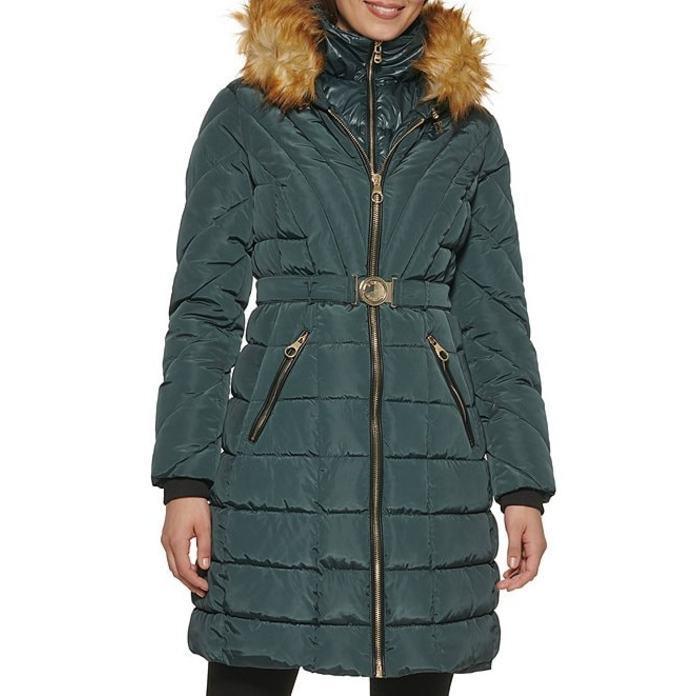 純正 安い販売 ゲス レディース ジャケット ブルゾン アウター Single Breasted Water Resistant Faux Fur Trim Hooded Combo Luster Shine Quilted Puffer Coat 最も人気のあるアイテム Www Superavila Com