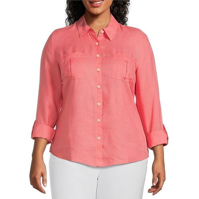 【即発送可能】 Size Plus トップス シャツ レディース インベストメンツ Linen Shirt Relaxed Sleeve Roll-Tab Long Collar Point Non-Iron Label Gold Hannah 長袖