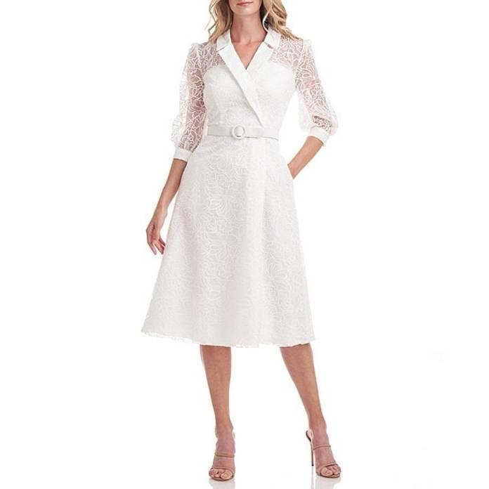 ケイ アンジャー レディース ワンピース トップス Illusion Collared Surplice V Neck 3 4 Puff Sleeve Embroidered Organza Belted Midi Dress 安い