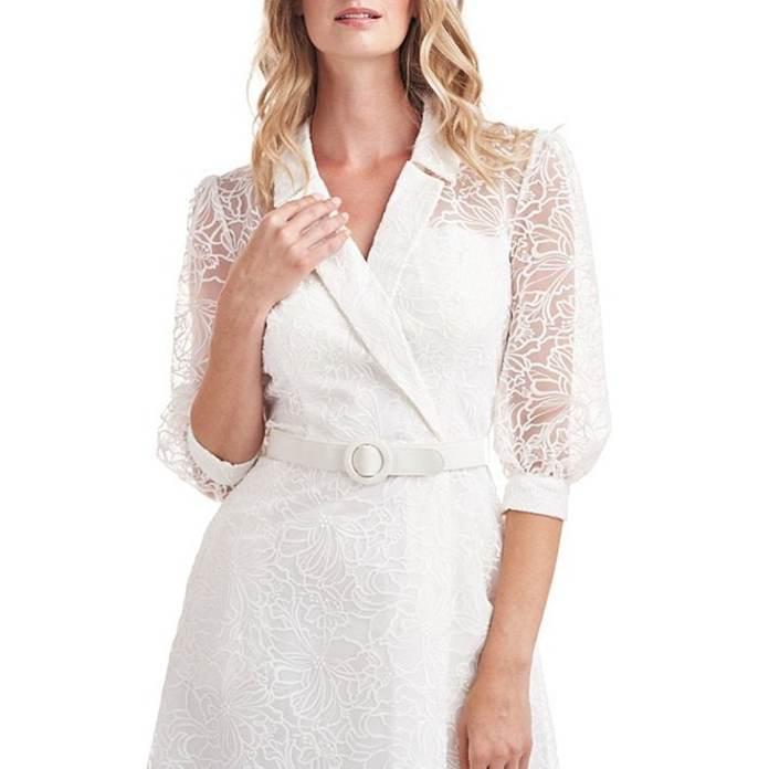 ケイ アンジャー レディース ワンピース トップス Illusion Collared Surplice V Neck 3 4 Puff Sleeve Embroidered Organza Belted Midi Dress 安い