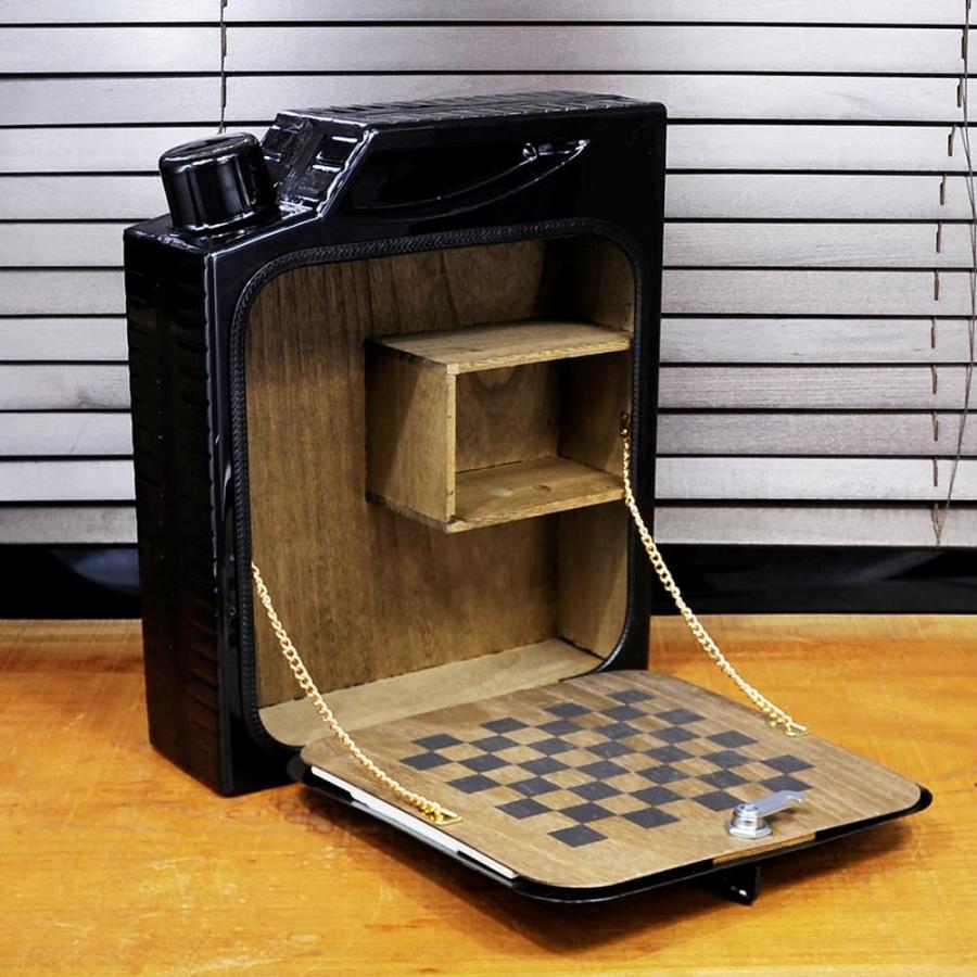 収納ボックス 鍵ロック付き ジェリ缶型 お酒&グラス用 ミニバー 黒