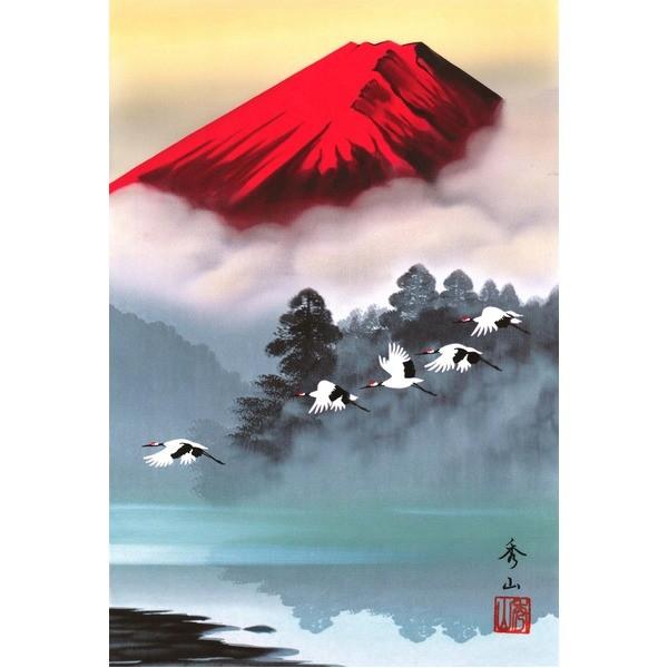 掛軸 日本画 赤富士 　掛け軸 赤富士　鈴村　秀山 掛け軸 鈴村秀山 赤富士飛翔 B 長さ約895mm 画寸 360×245mm 化粧
