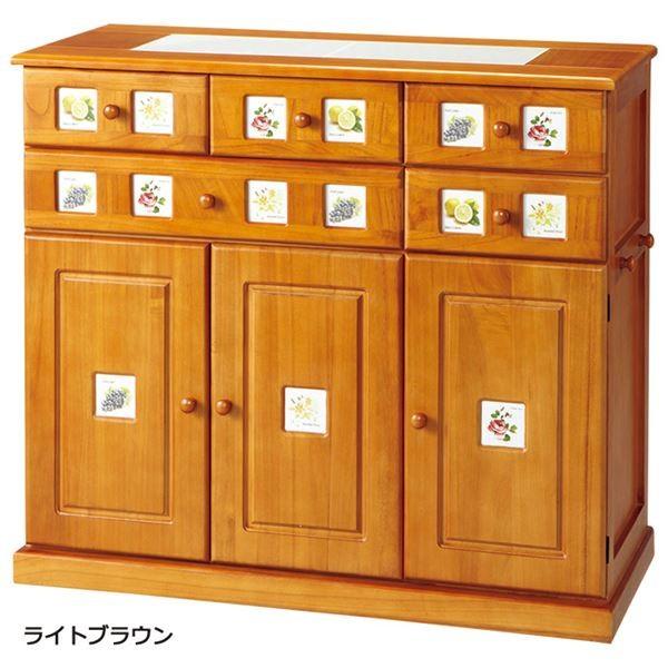 南欧風キッチンカウンター/キッチン収納 〔約幅90cm ライトブラウン〕 木製 タイル貼り天板 隠しキャスター付き