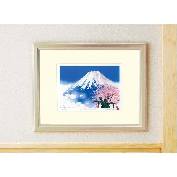 絹地版画 額付き添い人 太子大きさ 吉岡浩太郎 吉祥 「桜白富士」 かざり付ける箱入り口・入口 日本製 日本画-美術、工芸品