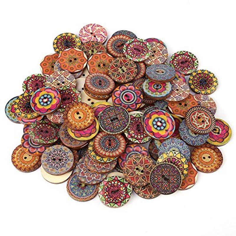 ウッドボタンボタン 100個25MM混色の滑らかなヴのボタンDIYの裁縫用工芸木製丸型2穴ボタン花柄飾りボタン