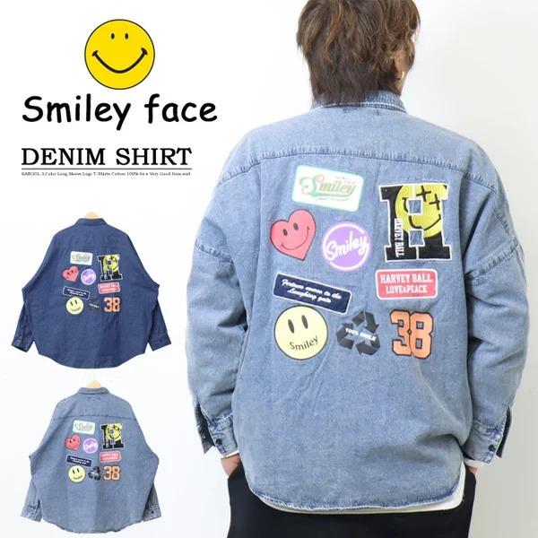 FREEDOM PEACE アズノゥアズ　フリーダム　ニコちゃんシャツ SMILEY FACE（スマイリーフェイス） ワッペン プリント 長袖 デニム