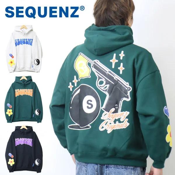 SEQUENZ シークエンズ バックプリント スウェットパーカー フーディー プルパーカー 裏起毛 ユニセックス ビッグシルエット 送料無料 23370016 | 