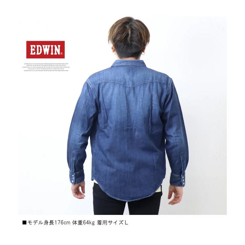 HEUGN ダークブルー デニム風シャツ EDWIN（エドウィン） ウエスタンシャツ デニムシャツ 長袖 無地