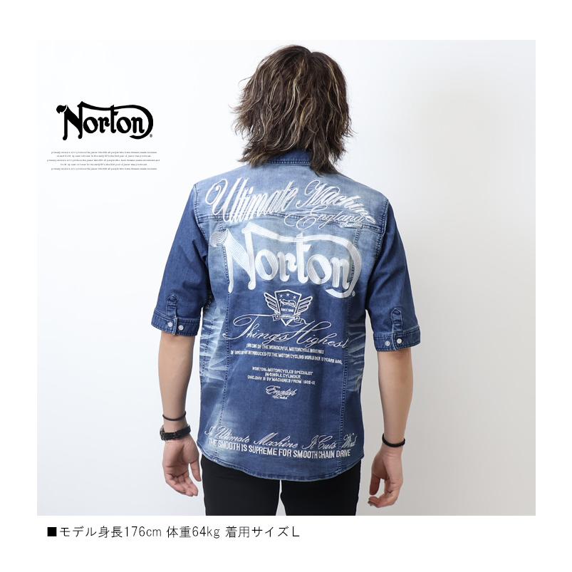 ノートン（NORTON） ストレッチ MAX刺繍 5分袖 デニムシャツ メンズ 