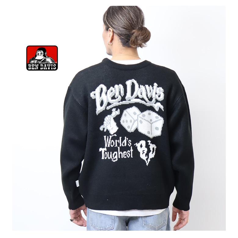 【ブラック】ロゴラッピングペーパー柄 クルーネック ニット プルオーバー (MENS) BEN DAVIS（ベンデイビス） クラシックロゴ クルーネックニット