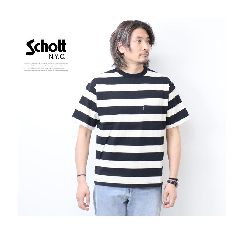 Schott N.Y.C ショット ワイドボーダー 胸ポケット 半袖Tシャツ Schott N.Y.C ショット ワイドボーダー 胸ポケット 半袖Tシャツ