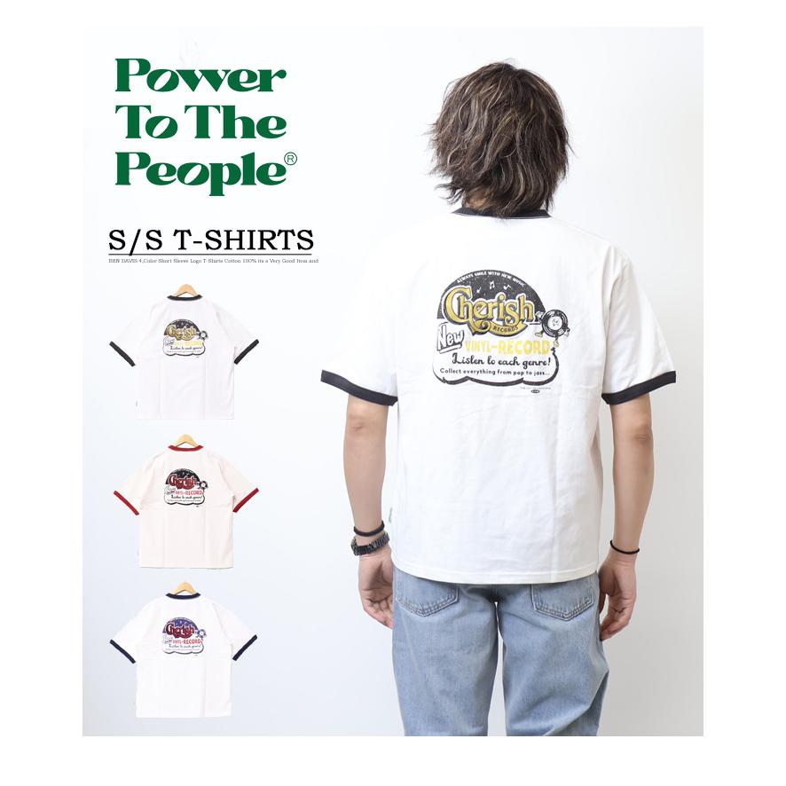 POWER TO THE PEOPLE パワートゥザピープル レコード プリント 刺繍 半袖Tシャツ リンガーTシャツ 半T メンズ 4501004｜rexone｜02