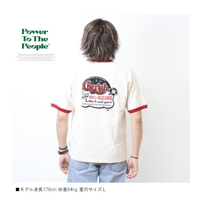 POWER TO THE PEOPLE パワートゥザピープル レコード プリント 刺繍 半袖Tシャツ リンガーTシャツ 半T メンズ 4501004｜rexone｜09