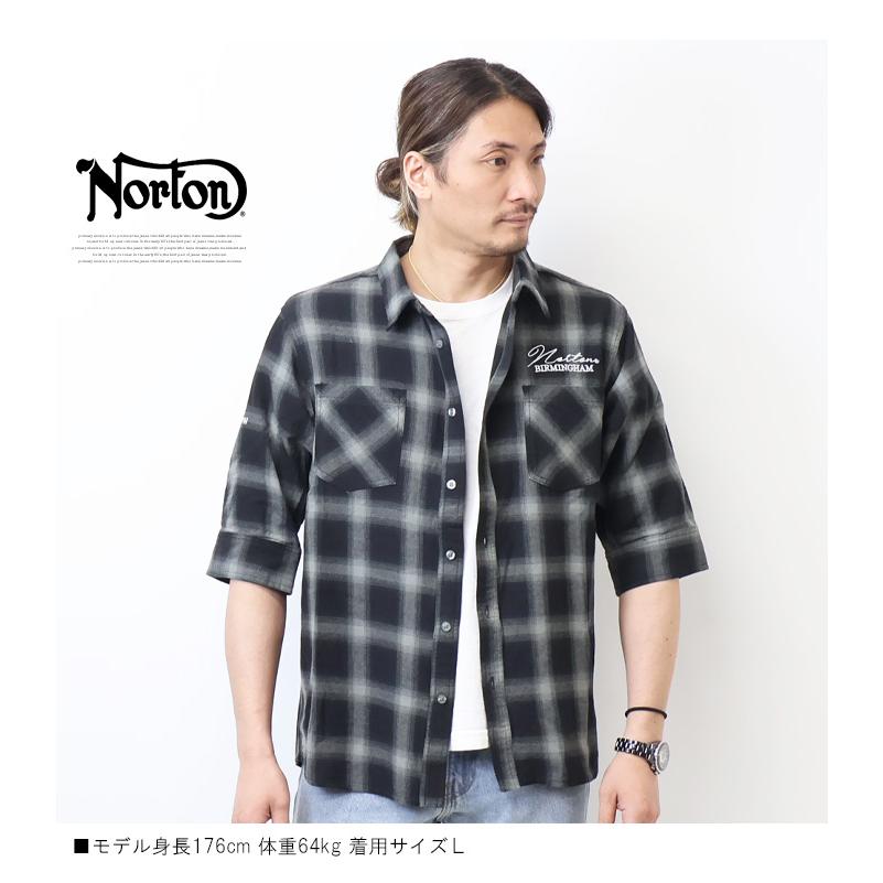 ノートン（NORTON） オンブレチェック 刺繍 5分袖シャツ チェック