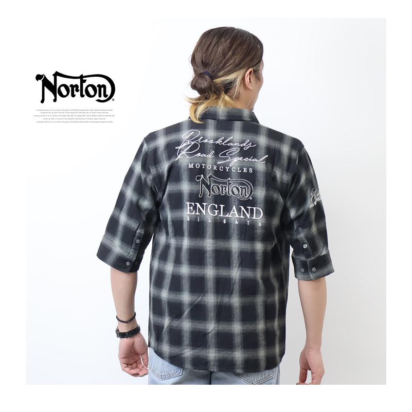 ノートン Norton オンブレチェック 刺繍 5分袖シャツ チェック