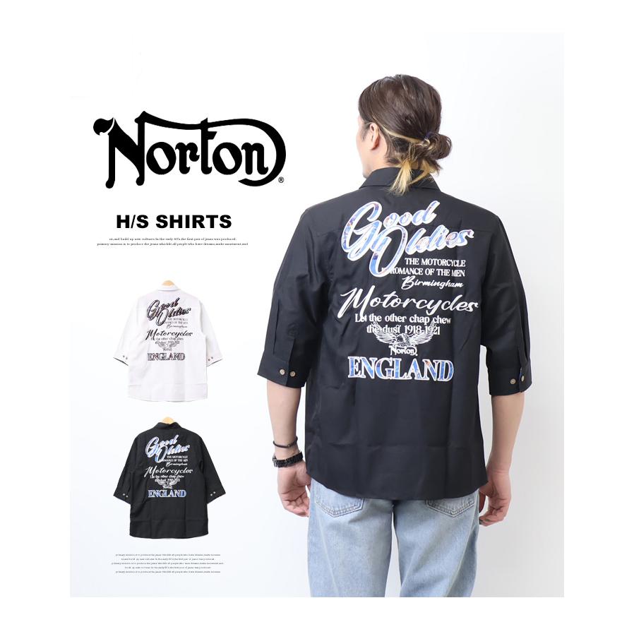 ノートン Norton リネンライク 刺繍 6分袖シャツ 半端袖 メンズ