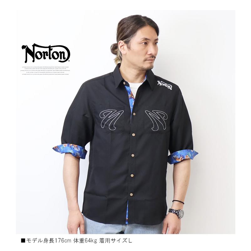 新品　L ノートン Norton メンズ 綿麻混合 6分袖シャツ 接触冷感　襟付 楽天市場】Norton ノートン リネンライク 刺繍 6分袖シャツ 半端