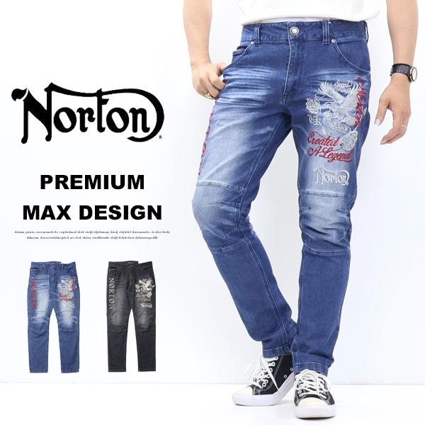 【新品】Norton Golf 吸水速乾 総柄 刺繍入り ストレッチ パンツ L ノートン（NORTON） MAX刺繍 イーグルローズ ストレッチデニム