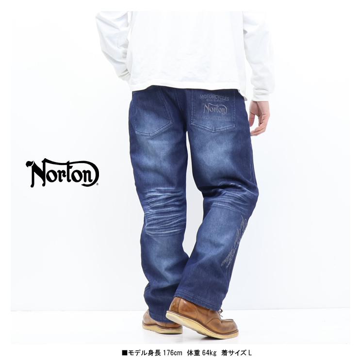 ノートン（NORTON） 暖パン 防風ストレッチ 畝刺繍 ワイドデニムパンツ
