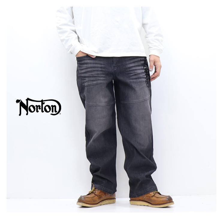 ノートン（NORTON） 暖パン 防風ストレッチ 畝刺繍 ワイドデニムパンツ