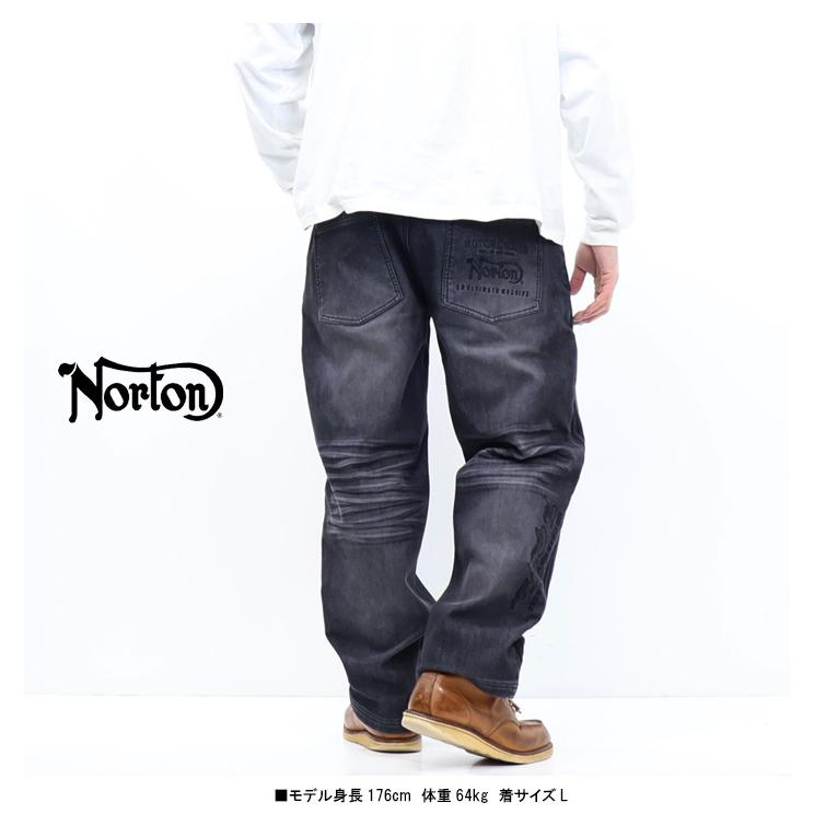 ノートン（NORTON） 暖パン 防風ストレッチ 畝刺繍 ワイドデニムパンツ