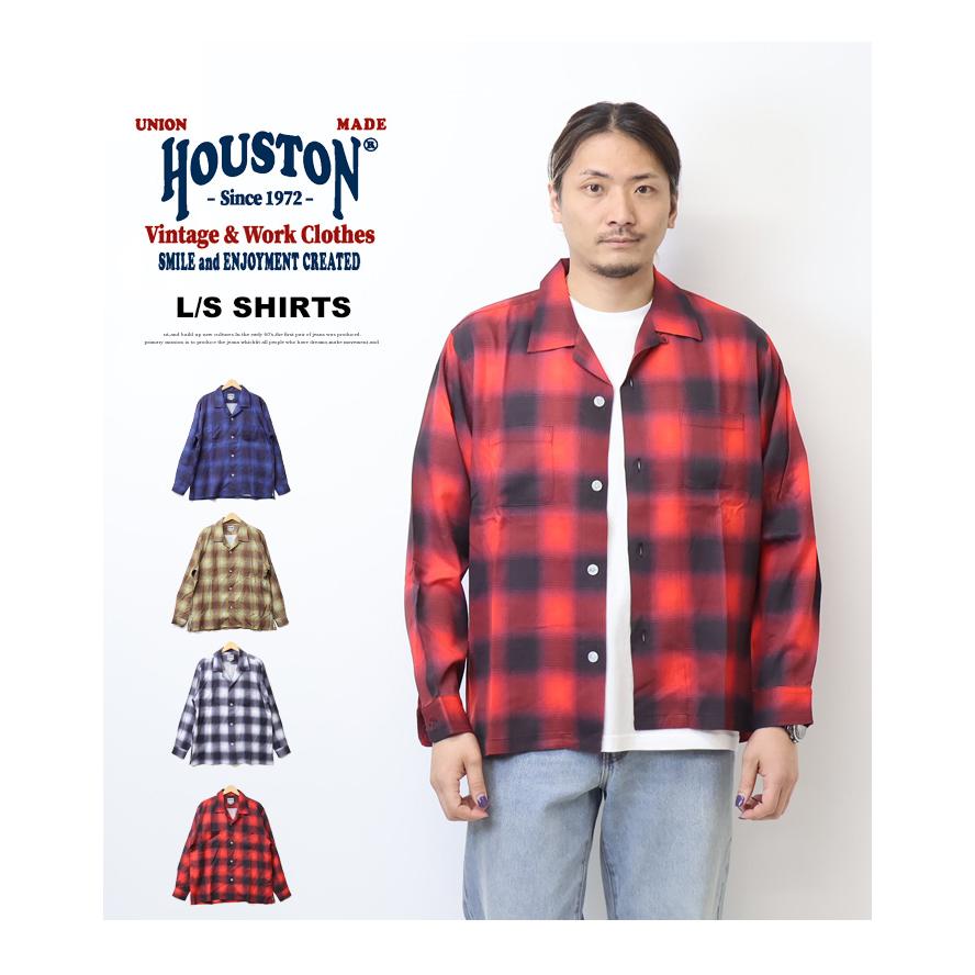 HOUSTON｜ヒューストン　オンブレチェックシャツ　オープンカラー　レーヨン HOUSTON（ヒューストン） 長袖 レーヨン オンブレチェック ワーク