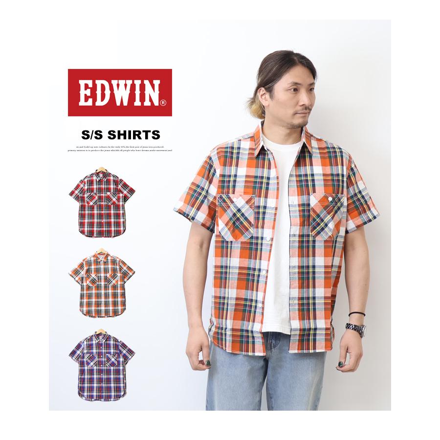EDWIN（エドウィン） 半袖 ワークシャツ 綿麻 チェックシャツ 半袖
