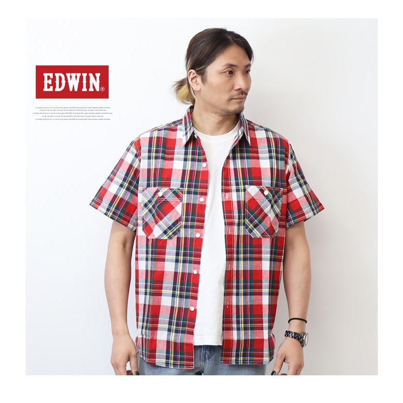 EDWIN（エドウィン） 半袖 ワークシャツ 綿麻 チェックシャツ 半袖