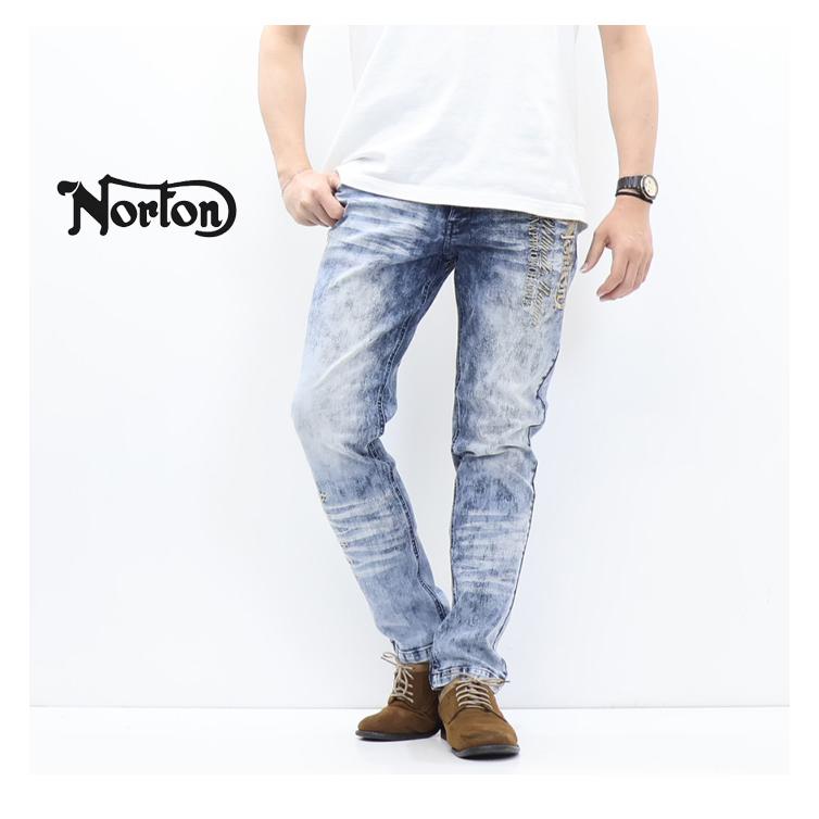美品☆Norton/刺繍デニムパンツ/バイカー/鬼ヒゲ/激レア/大きいサイズ ノートン（NORTON） ストレッチ ケミカル 刺繍MAX デニムパンツ