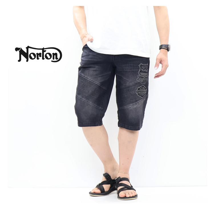 ノートン（NORTON） 刺繍 ストレッチデニム ライダースショーツ ヒザ下