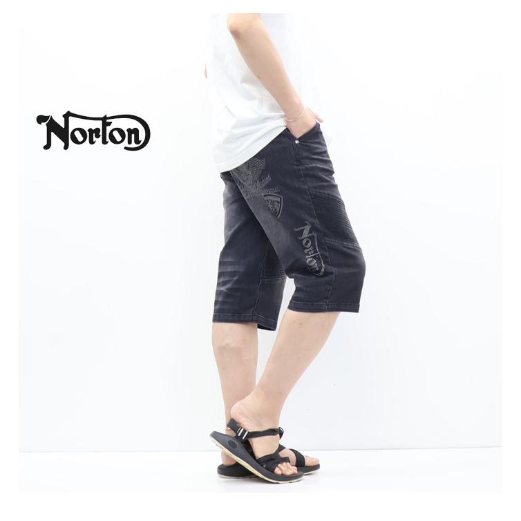 ノートン（NORTON） 刺繍 ストレッチデニム ライダースショーツ ヒザ下