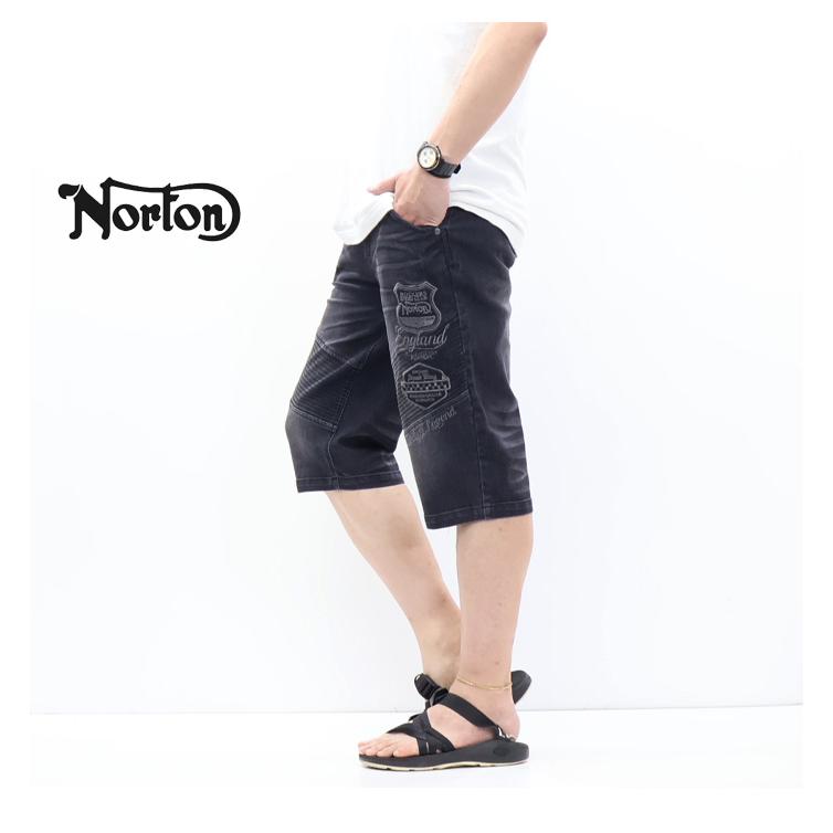 ノートン（NORTON） 刺繍 ストレッチデニム ライダースショーツ ヒザ下