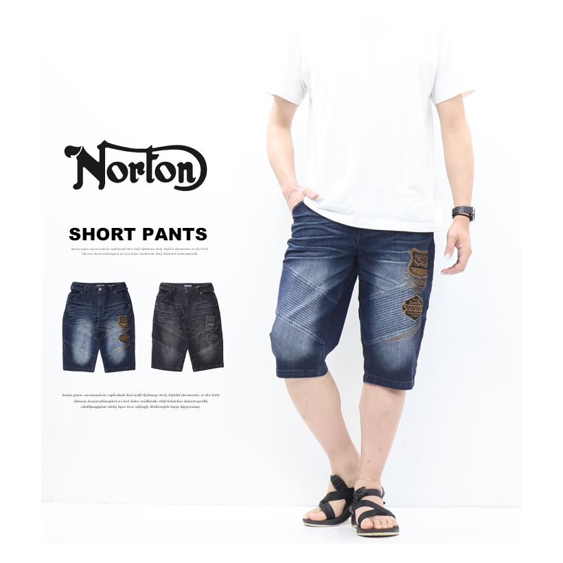 なっくん　CRONOS ストライプデザイン ショートパンツ L ノートン（NORTON） 刺繍 ストレッチデニム ライダースショーツ ヒザ下