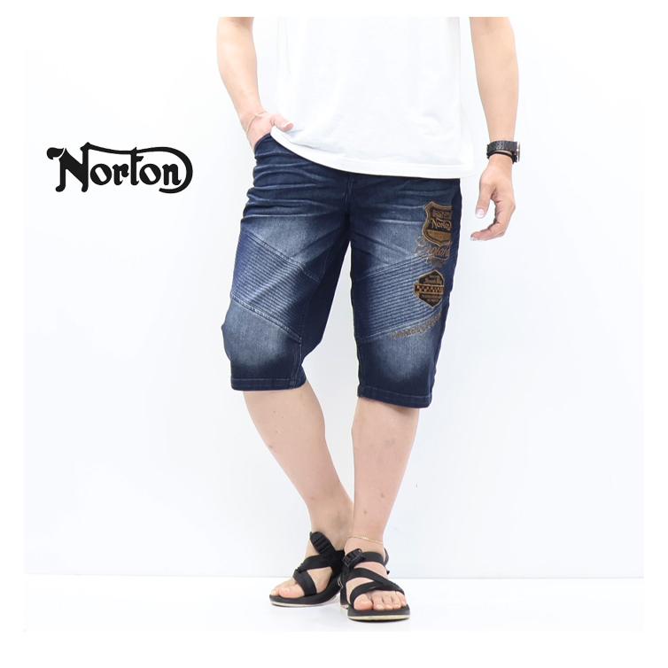 ノートン（NORTON） 刺繍 ストレッチデニム ライダースショーツ ヒザ下