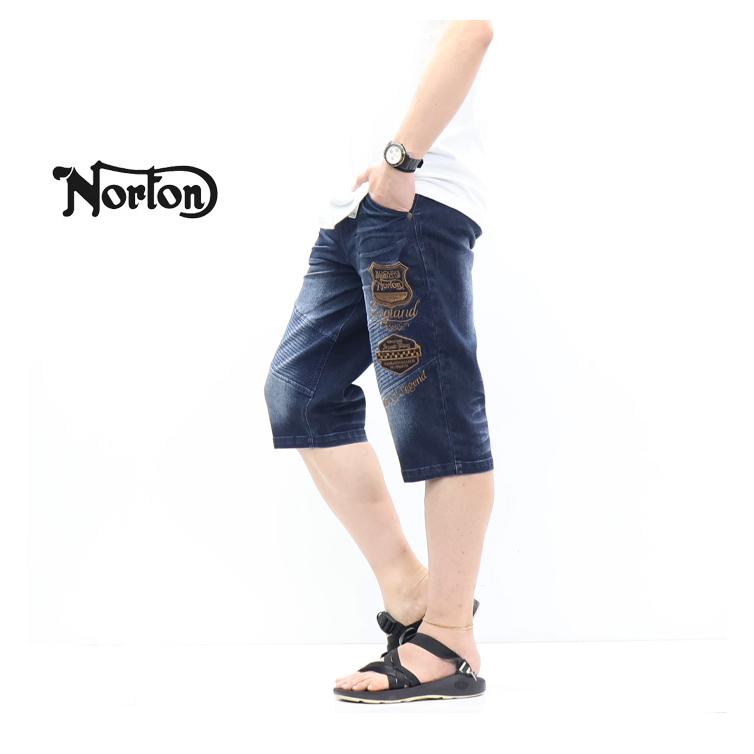 ノートン（NORTON） 刺繍 ストレッチデニム ライダースショーツ ヒザ下